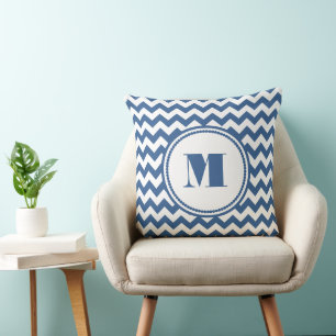 Modern Monogram Blue Chevron Pattern Cushion