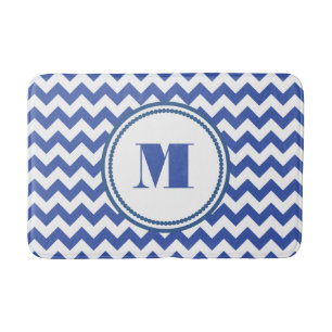 Modern Monogram Blue Chevron Stripes Pattern Bath Mat