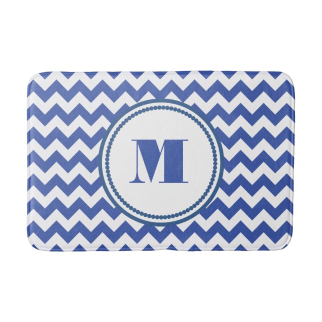 Modern Monogram Blue Chevron Stripes Pattern Bath Mat (Front)