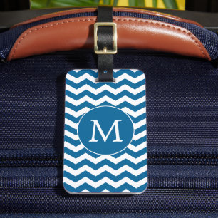 Modern Monogram Blue Chevron Stripes Pattern Luggage Tag