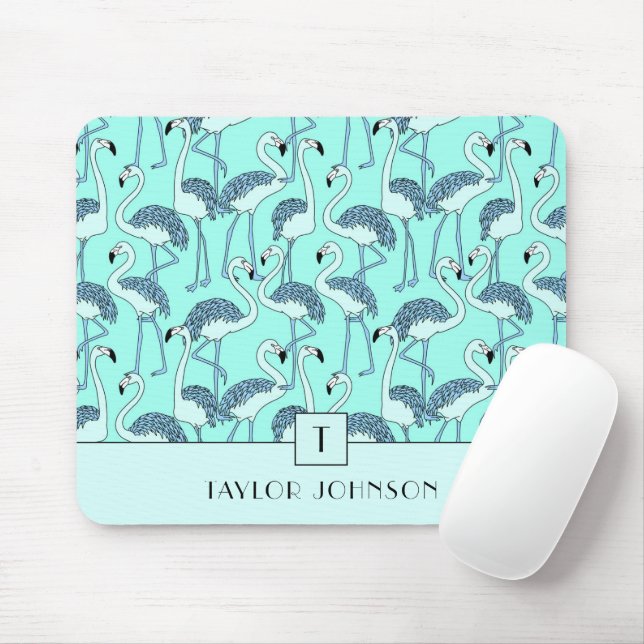 Modern Monogram Blue Flamingos Mouse Mat (With Mouse)