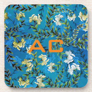 Modern Monogram Blue Floral Chic Coaster