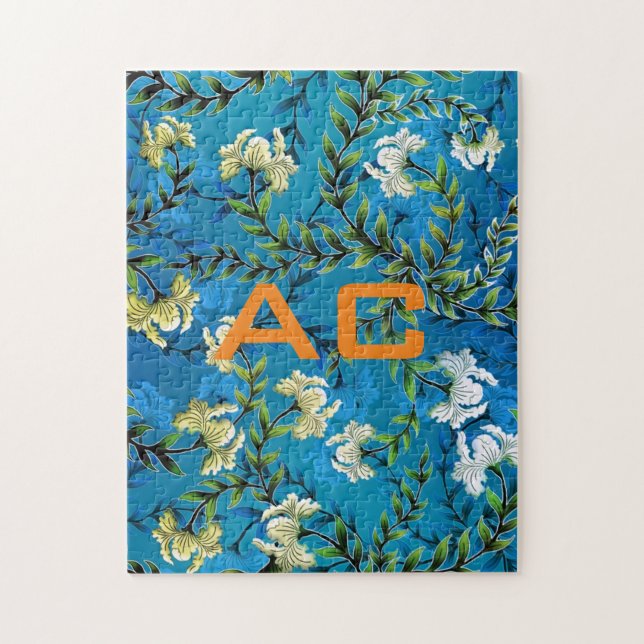 Modern Monogram Blue Floral Chic Jigsaw Puzzle (Vertical)