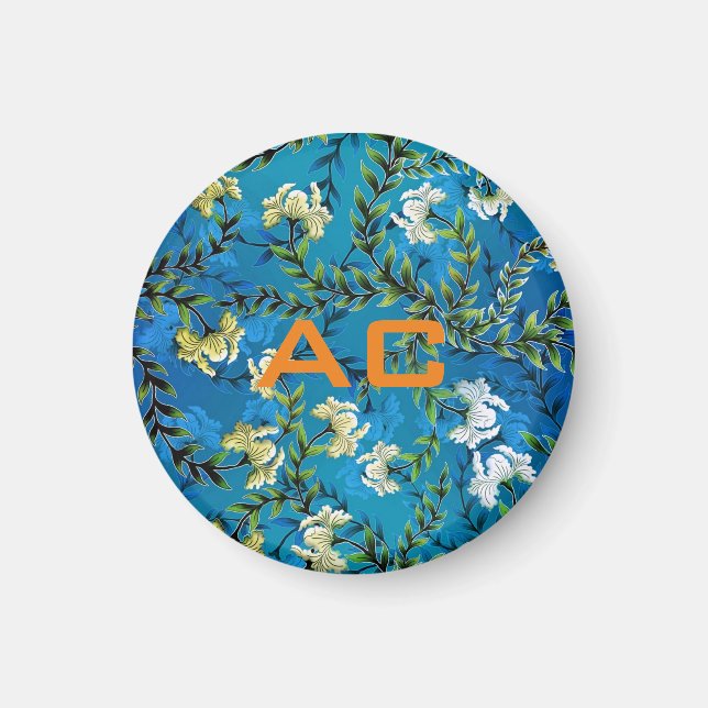 Modern Monogram Blue Floral Chic Magnet (Front)