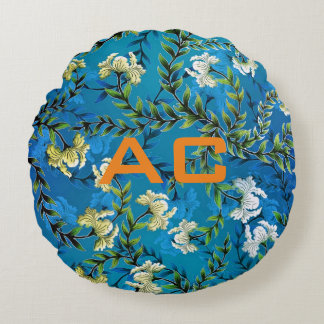 Modern Monogram Blue Floral Chic Round Cushion