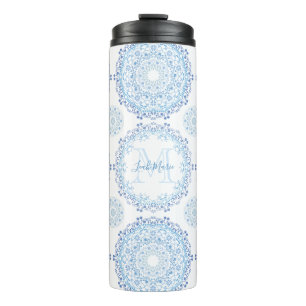 Modern Monogram Blue Floral Stylish Pattern Thermal Tumbler