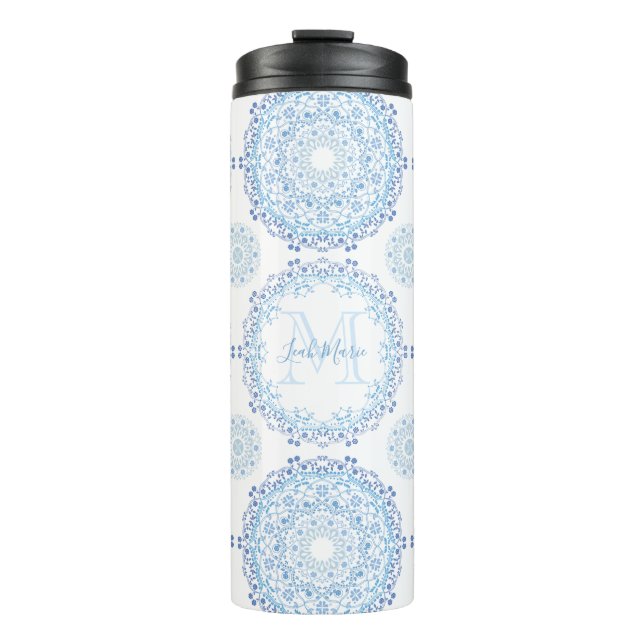 Modern Monogram Blue Floral Stylish Pattern Thermal Tumbler (Front)