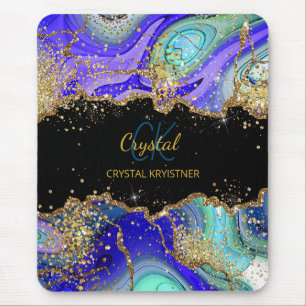 Modern Monogram Blue Green Agate Glitter Notebook Mouse Mat