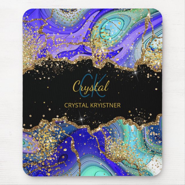 Modern Monogram Blue Green Agate Glitter  Notebook Mouse Mat (Front)