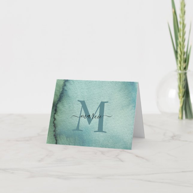 Modern Monogram Blue Green Watercolor Thank You Card (Front)