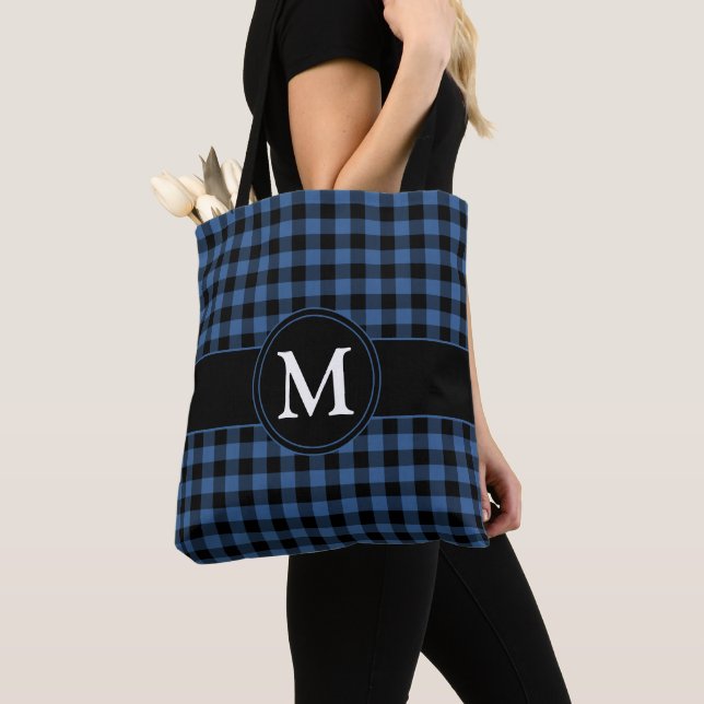Modern Monogram Blue Paid Tote Bag (Close Up)
