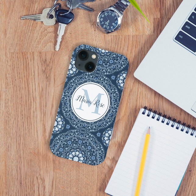 Modern Monogram Blue Simple Mandala Custom Case-Mate iPhone Case (Creator Uploaded)