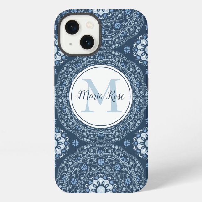 Modern Monogram Blue Simple Mandala Custom iPhone Case (Back)