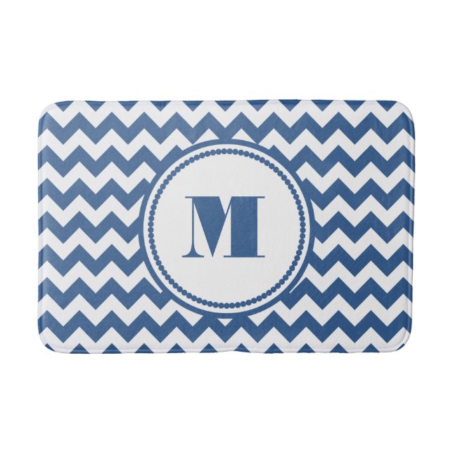 Modern Monogram Blue Striped Chevron Bath Mat (Front)