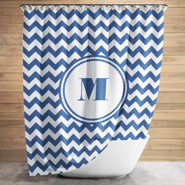 Modern Monogram Blue Striped Chevron Pattern Shower Curtain (Modern Monogram Blue Striped Chevron Pattern Shower Curtain)