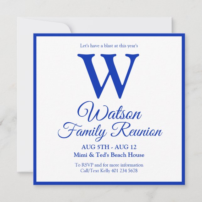 Modern Monogram Blue Stripes Family Reunion Invitation (Front)