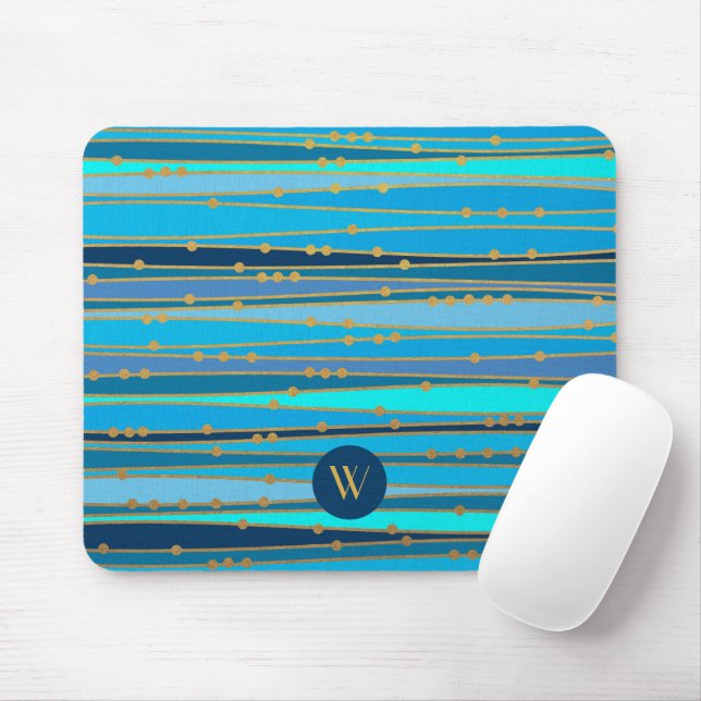 Modern Monogram Blue Stripes Pattern Mouse Mat (With Mouse)