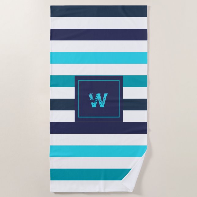 Modern Monogram Blue Teal Stripes Beach Towel (Front)