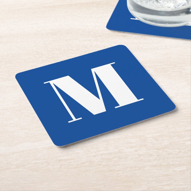 Modern monogram blue white custom initial letter  square paper coaster (Angled)