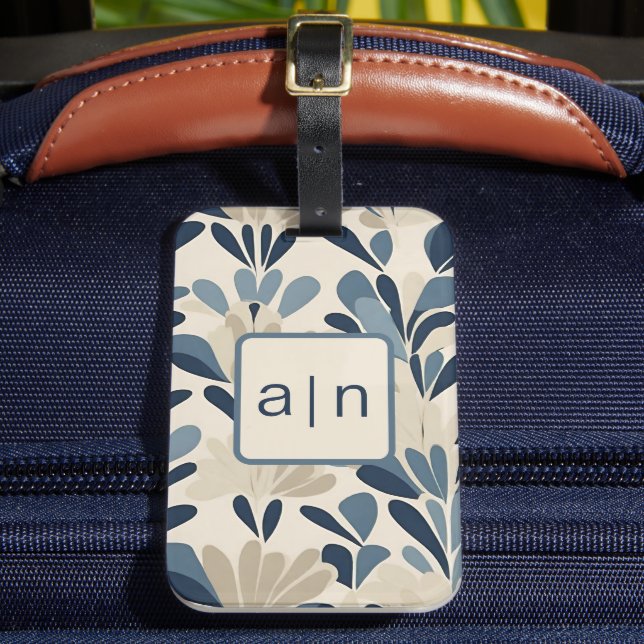 Modern Monogram Blue Wildflowers Luggage Tag (Front Insitu 2)