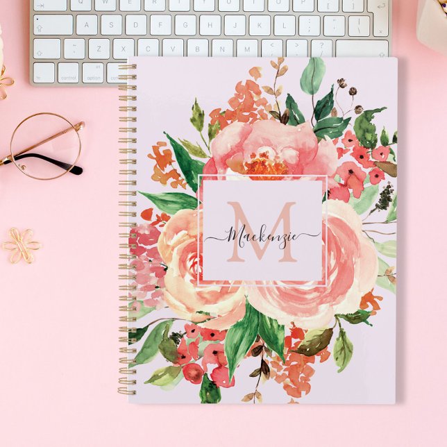 Modern Monogram Blush Pink Floral Bouquet Planner (In situ)
