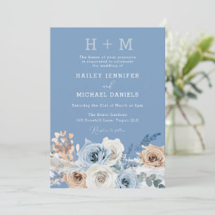 Modern Monogram Boho Dusty Blue Floral Wedding  Invitation