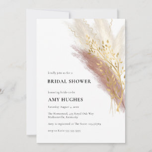 Modern Monogram Boho Pink Gold Pampas Grass Invitation
