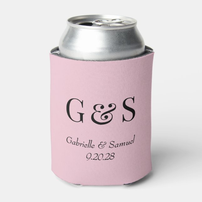 Modern Monogram Bride & Groom Names Pink Can Cooler (Can Front)