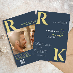 Modern Monogram Bright Bold Navy Blue Photo Invitation