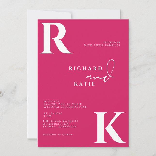 Modern Monogram Bright Bold Pink Photo Invitation (Front)