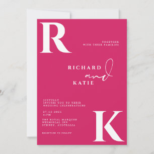 Modern Monogram Bright Bold Pink Photo Invitation