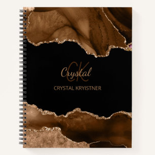 Modern Monogram Brown Agate Gold Glitter Notebook
