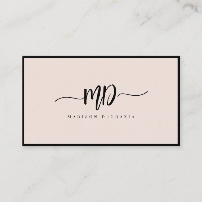 Modern Monogram Brush Script Black Blush Stylish Business Card (Front)