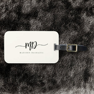 Modern Monogram Brush Script Black Ivory Stylish Luggage Tag
