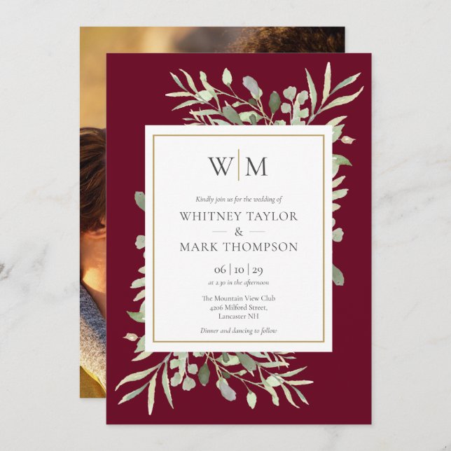 Modern Monogram Burgundy Greenery Photo Wedding Invitation (Front/Back)