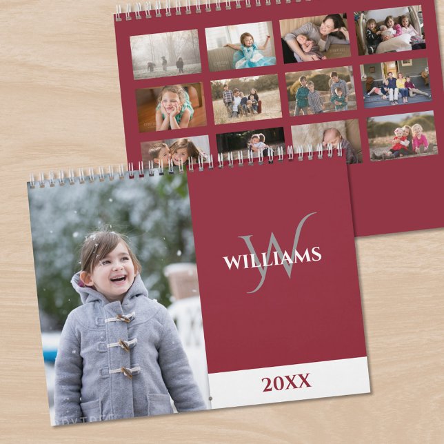 Modern Monogram Burgundy Red Photo Calendar (Modern Monogram Burgundy Red Photo Calendar, front/back)