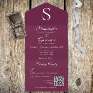 Modern Monogram Burgundy Wine QR Code All In One Invitation