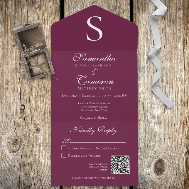 Modern Monogram Burgundy Wine QR Code All In One Invitation (Creator Uploaded)