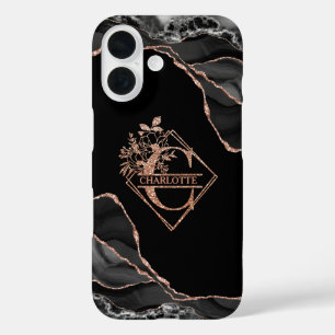 Modern Monogram C Black Agate Marble Rose Gold  iPhone 16 Case
