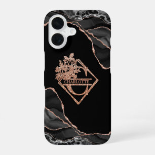 Modern Monogram C Black Agate Marble Rose Gold  iPhone 16 Case