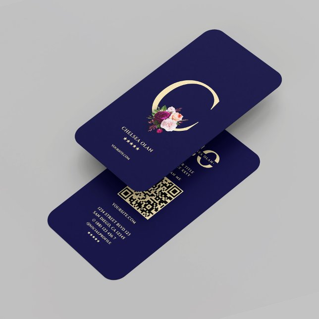 Modern Monogram C Floral Midnight Blue Gold  Business Card (Modern Monogram C Floral Midnight Blue Gold Business Card
)