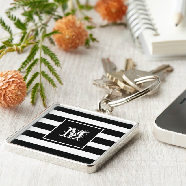 Modern monogram chic black & white striped key ring (Side)