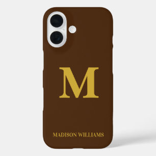 Modern Monogram Chic Brown Gold Stylish Minimalist iPhone 16 Case