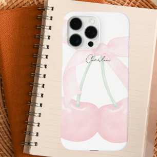 Modern Monogram Chic Cherries Pink Bow iPhone 16 Pro Max Case