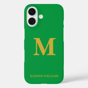 Modern Monogram Chic Green Gold Stylish Minimalist iPhone 16 Case