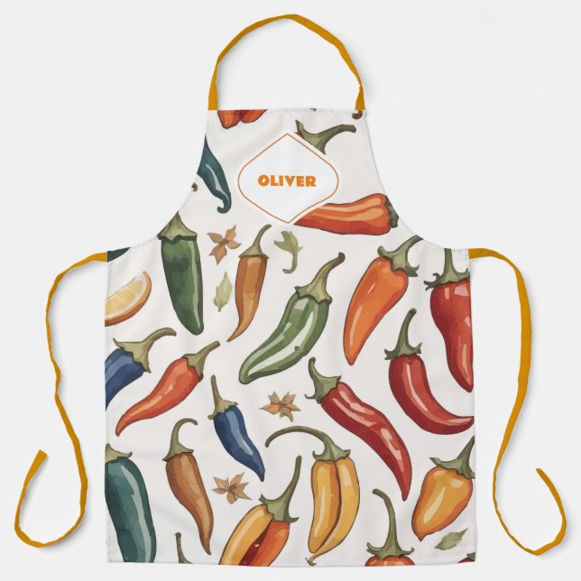Modern Monogram Chilli Peppers Pattern Apron (Front)