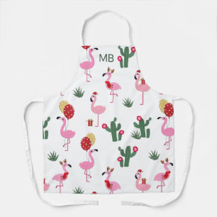 Modern Monogram Christmas Flamingo Party Apron