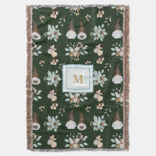 Modern Monogram Christmas Gnomes and Moose Design Throw Blanket