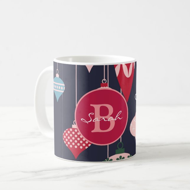 Modern Monogram Christmas Ornaments Dark Blue Coffee Mug (Front Left)