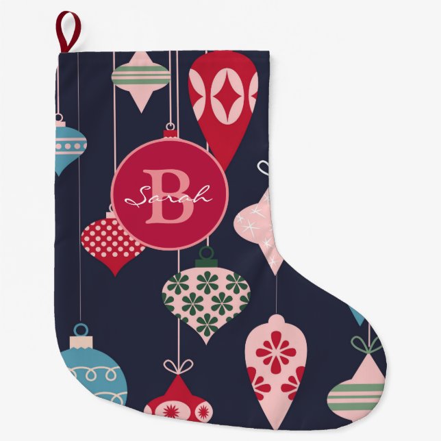 Modern Monogram Christmas Ornaments Dark Blue Large Christmas Stocking (Front)